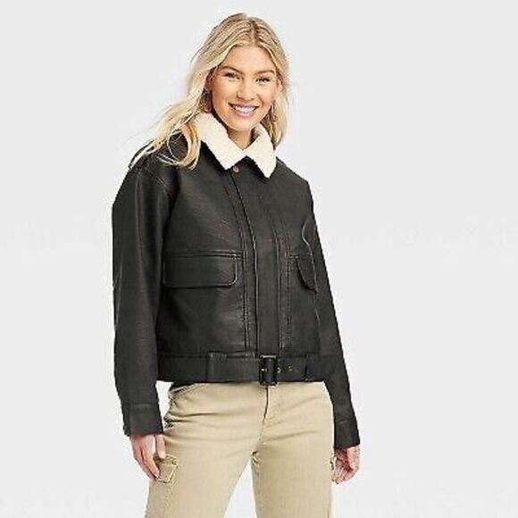 NWT Universal Thread Women’s Faux Leather Sherpa lined Bomber Jacket Black XS - Picture 1 of 15